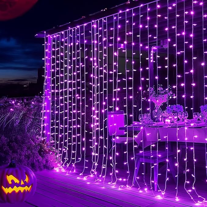 Dazzle Bright 300 LED Curtain String Lights, Halloween Fairy Lights for Bedroom with 8 Lighting Modes, Connectable Waterproof Window Light Party Wedding Garden Wall Decor, Purple