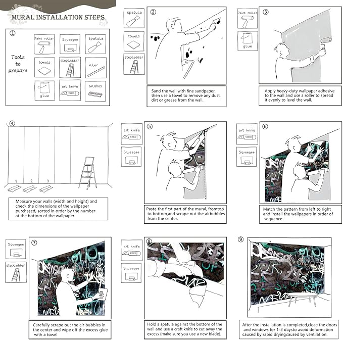 AFZEVEB-Black and White Art Graffiti Wallpaper Wall murals for Bathroom 136"x96" (Not Peel and Stick)