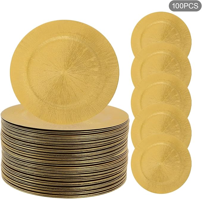 Antique Charger Plates Set 13'' Round Embossed Dinner Plate Chargers Plastic Elegant Floral Plates for Dinner Wedding Party Event Table Kitchen Decoration 100PCS (Customized Gold 100Pcs)