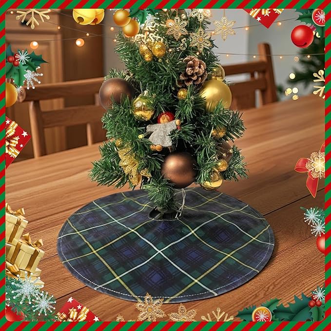 Mini Christmas Tree Skirt 15 Inch – Campbell Clan Tartan Navy Blue and Green Plaid Tree Mat for Small, Pencil, or Desktop Xmas Trees, Scottish Holiday Decor for Desk, Office, Shelf, or Compact Space