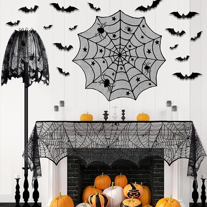 5Pack Halloween Decorations Indoor Halloween Decor Black Lace Table Runner Fireplace Mantel Scarf Round Tablecloth Cobweb Lampshade with 32 Pcs 3D Bat Wall Stickers