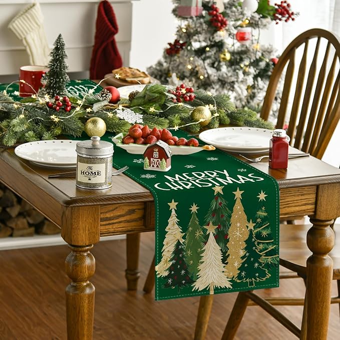 Artoid Mode Xmas Trees Snowflakes Green Merry Christmas Table Runner, Winter Seasonal Kitchen Dining Table Decoration for Home Party Decor 13x72 Inch