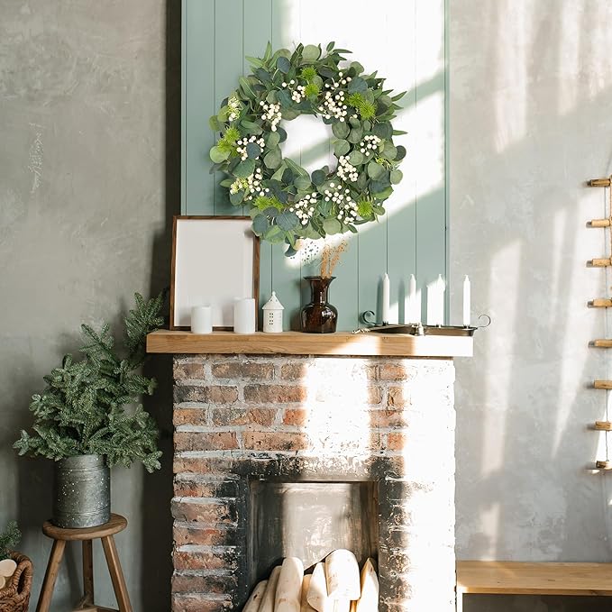 GENMOUS 24Inch Artificial Eucalyptus Wreath for Front Door, Christmas Wreaths with Ivory Berries Silver Dollar, Green Wedding Home Wall Door Hanging Decor All Seasons, Holiday Thanksgiving Halloween