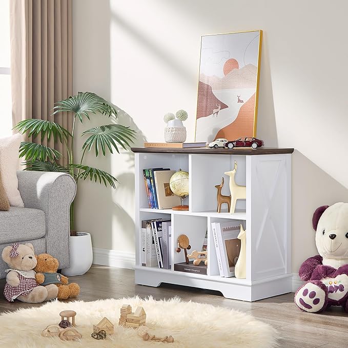 Farmhouse 5 Cube Bookshelf, White Storage Organizer Bookcase, Kids Toy Storage Cabinet, Small Bookshelves Storage Organizer Shelf, Wood Display Cabinet Book Shelves for Bedroom,Living Room,Office