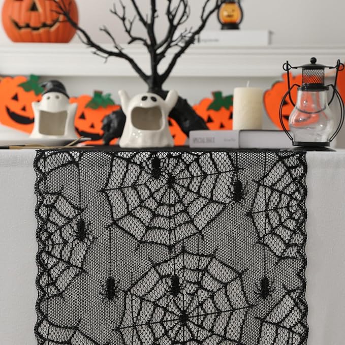 Halloween Lace Table Runners Black Gothic Spider and Cobweb Designs Lace Tablecloth Decorations Autumn Indoor Party Tabletop Cove for Halloween Decor Fireplace Mantel Scarf