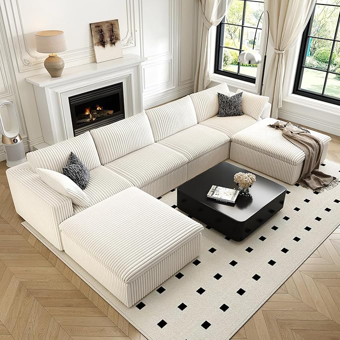 157.5" Cloud Couch Oversized Modular Sectional Sofa for Living Room,Modern Sofa with Deep Seat,U-Shape Boneless Couch with 2 Ottoman,Comfy Upholstered Couches for Apartment, Studio, Office,White