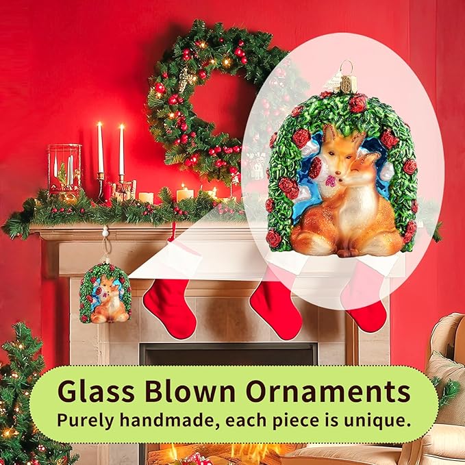 Fox Love Christmas Tree Ornaments,Hand-Blown Glass Ornaments,Fox Soulmate Collection Hanging Ornament,Wedding Ornament for Valentine's Day Anniversary Animal Lovers Party Gifts