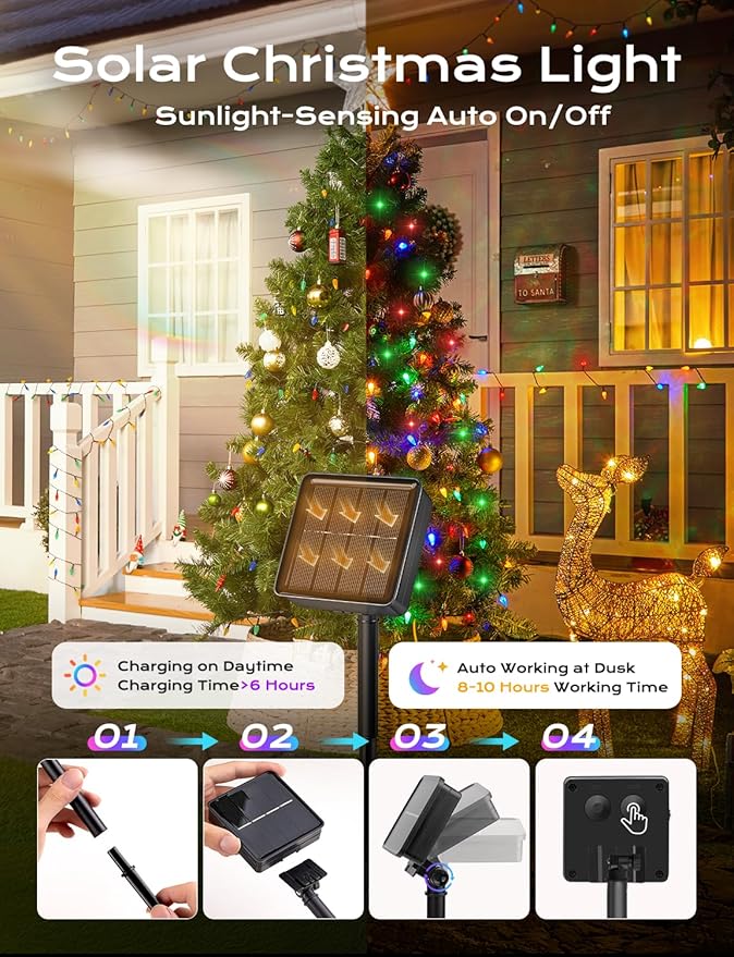 Brightown LED C6 Solar String Lights Outdoor Waterproof Fairy Lights, 22.64ft 50 LEDs Multicolor Solar Christmas Lights Outdoor, Christmas Decorations for Christmas Garden Yard Fence Patio Party Decor