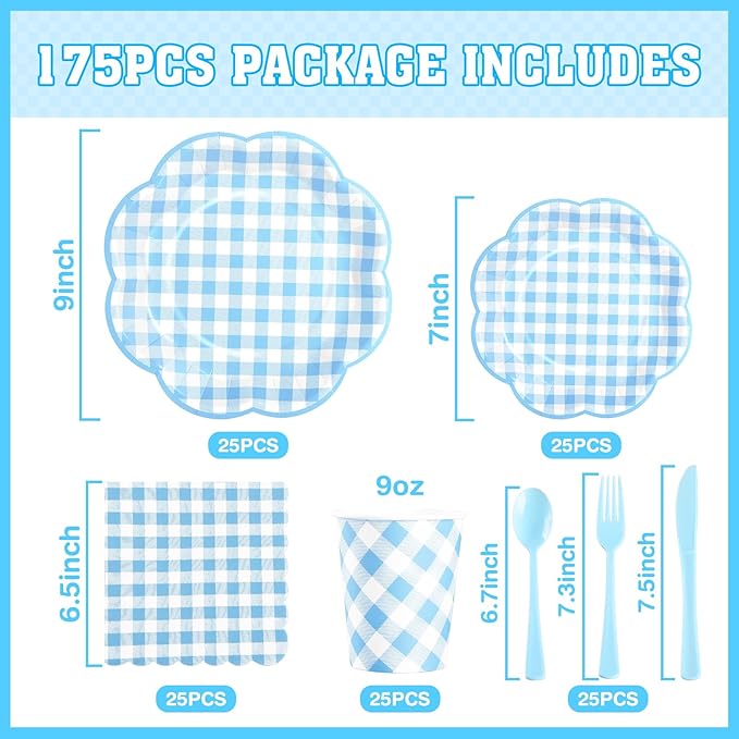 175 Pcs Blue Gingham Plates and Napkins Party Supplies - Blue and White Checkered Plates Sets Serve 25 Guests - Scalloped Gingham Paper Plate for Birthday Dinner Wedding Baby Shower Party Decorations