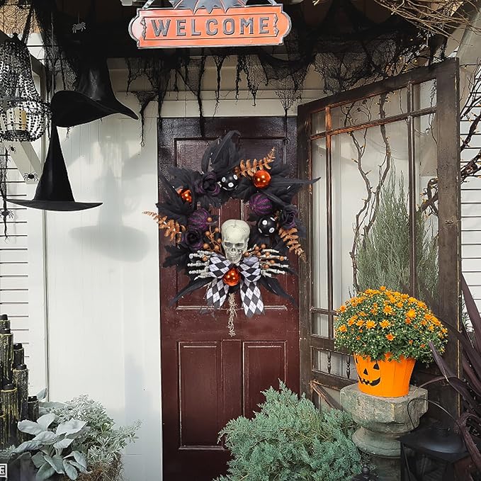 Adeeing Halloween Wreath for Front Door Halloween Skeleton Decorations, 20 Inch Pumpkin Wreath with Skull Black Roses Maple Leaves for Window Indoor Outside Home Party Decor