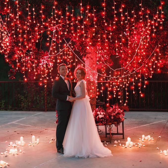 33ft Icicle Lights for Outside, Red Christmas Lights Outdoor Waterproof for House, 400 LED Twinkle Tree Lights with 75 Drops Clear Wire Short Curtain Light for Room Home Wall Indoor Decorations