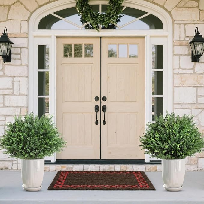 23" Artificial Cedar Topiary Ball Trees ,Set of 2 Outdoor Faux Plants with Ground Spike, UV Resistant Fake Pine Shrubs Bushes for Indoor Front Porch Yard Decorations (Cypres)