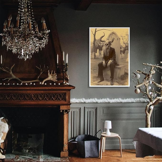 Skeleton Halloween Forest Occult Poster Vintage Spooky Canvas Wall Art Gothic Room Decor Dark Academia Bedroom Decorations Creepy Skull Prints Picture Aesthetic 16X24inch Unframed
