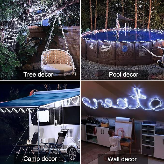 JMEXSUSS 2 Pack 100 LED Solar Rope Lights, 33ft 8 Modes Waterproof LED Solar Pool Lights for Trampoline, Fence, Gazebo, Yard, Walkway, Path, Garden Decor (White)