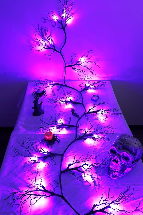 9 Ft 66 LED Willow Vine Twig Decor Black Halloween Garland with Purple Lights, Timer 8 Modes Waterproof Battery Operated Indoor Halloween Decorations for Wall Fireplace Mantle Home Office Party Decor