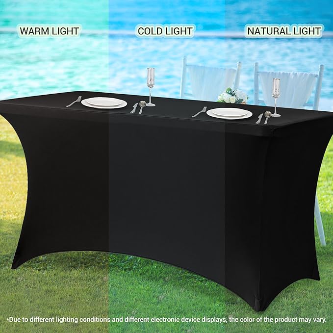 Obstal 8Ft Stretch White Spandex Table Cover for Standard Folding Tables - 2 Pack Universal Rectangular Fitted Tablecloth for Party, Banquet, Events, Trade Show (White, 96L x 30W x 30H Inches)