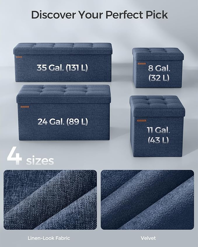 SONGMICS MAZIE Collection - 30 Inches Folding Storage Ottoman Bench, Ottoman Foot Rest, End of Bed Bench, Storage Chest, Load 660 lb, for Living Room, Bedroom, Entryway, Midnight Blue ULSF47IN