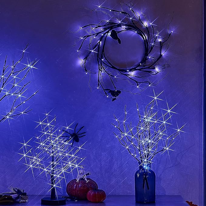 Fudios Lighted Halloween Tree with Timer 80 LED Purple Lights USB Plug or Battery Operated,18in Pre-lit Spooky Black Trees Table Indoor Home Decor