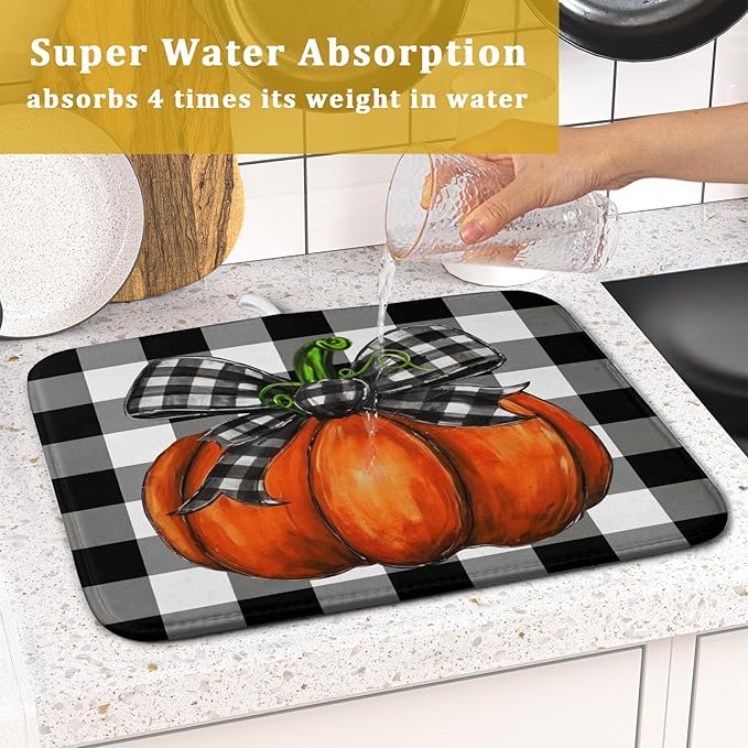 Fall Pumpkin Dish Drying Mat for Kitchen Counter Black White Buffalo Check Thanksgiving Super Absorbent Reversible Microfiber Kitchen Countertop Protector Dishes Pad Small 16x18 inch