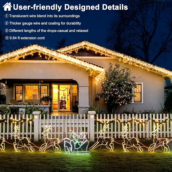 Christmas Lights Outdoor, 33ft 400 LED Warm White Icicle Lights for Outside House, Plug in Connectable Twinkle Tree Light 8 Modes Timer Waterproof for Patio Window Party Indoor Holiday Decorations