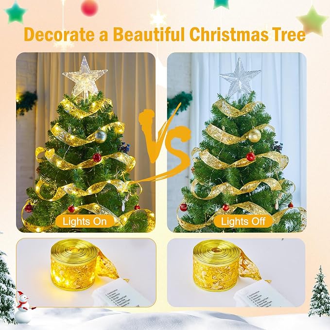 Minetom Christmas Tree Ribbon String Lights - 33ft 100 LED Battery Powered Fairy Lights with Timer and 8 Lighting Modes, Christmas Ribbon Bows Lights for 6ft - 8ft Christmas Tree New Year Decor, Gold