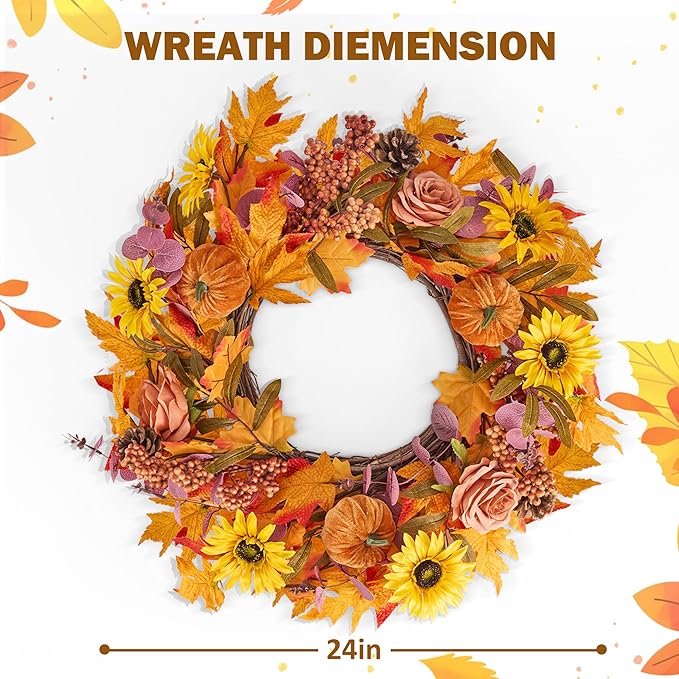 GENMOUS 24Inch Fall Wreaths for Front Door, Autumn Velvet Pumpkin Wreath Autumn Maple Leaves Porch Decor, Farmhouse Wreaths Home Wall Outdoor Indoor Thanksgiving Halloween Harvest Festival Fall Decor