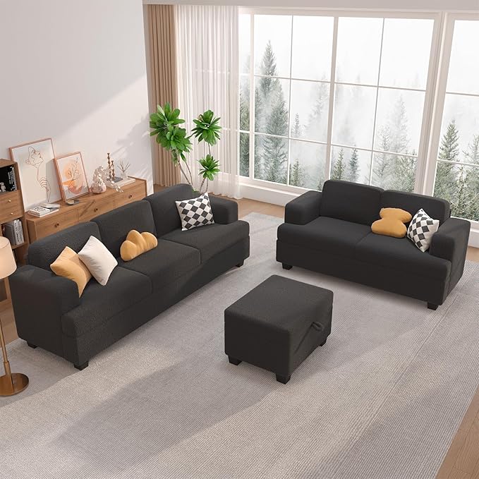 Ottoman Sofa, Modern Comfortable Ottoman with Storage Space for Living Room Apartment Lounge Sofa, Black Bouclé