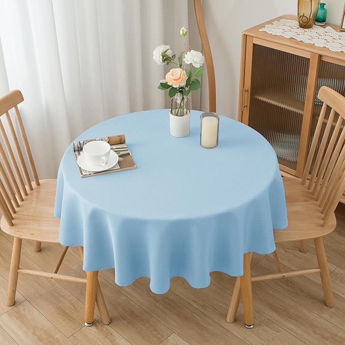 Biscaynebay Textured Fabric Round Tablecloths 60" for Round Tables diameters from 28" to 48", Light Blue Water Resistant Folding Table Covers Washable for Dining, Kitchen, Wedding, Parties etc