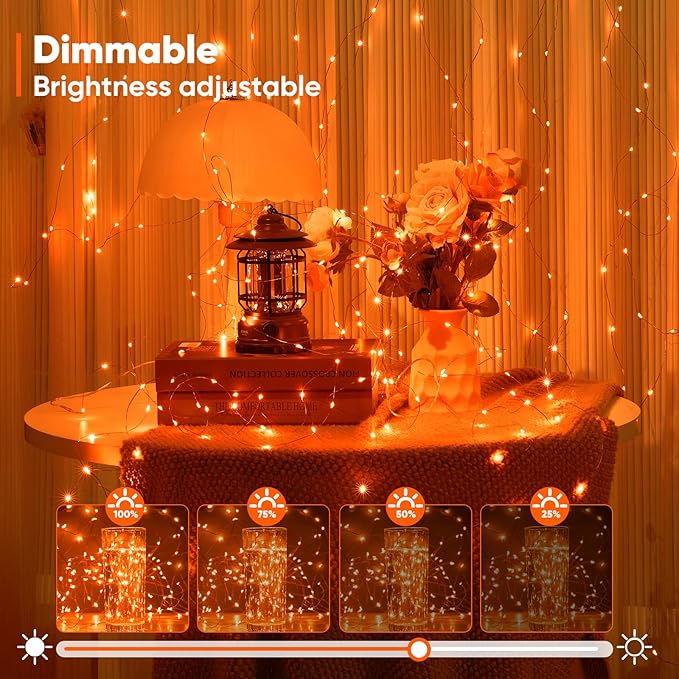 1 Pack 65.6 Ft. Battery Operated Outdoor String Lights with Remote & Timer, LED Orange Fairy Lights, Waterproof Twinkle Lights for Bedroom, Dorm, Mason Jar, Wedding, Party, Christmas