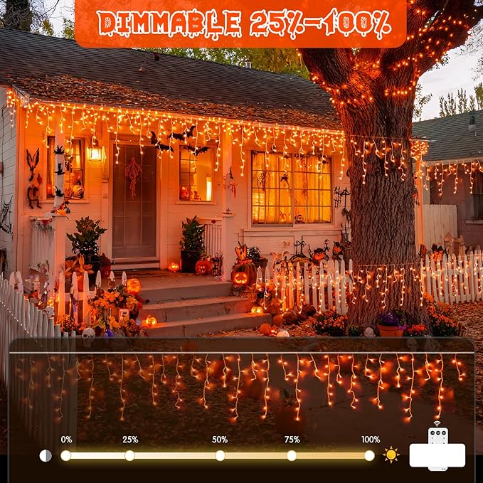 JMEXSUSS Orange Halloween Lights Outdoor, 800 LED Orange Icicle Lights Outdoor Waterproof, 8 Modes String Light Plug in for Fireplace Tree Garden Patio Thanksgiving Fall Halloween Decor