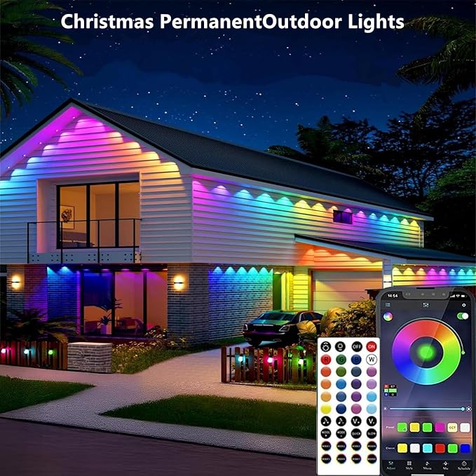Permanent Outdoor Lights,150ft RGB + IC Smart LED Eaves Lights with App & Remote Control, IP67 Waterproof,for Christmas and All Holiday Decor,Daily and Accent Lighting,House Roof and Garden Lighting