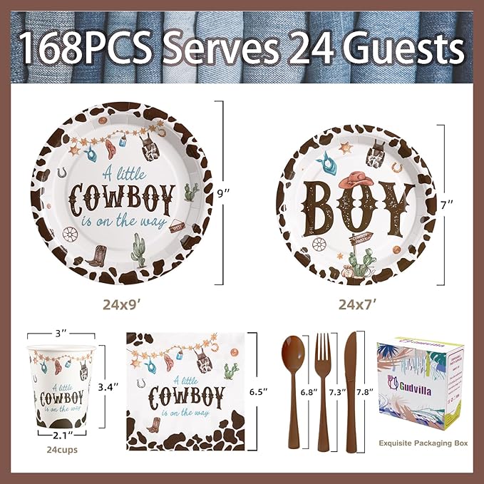 168 Pcs Cowboy Baby Shower Decorations, A Little Cowboy is on the Way Boy,Baby Boy Shower Plates and Napkins Sets Serves 24, Western Baby Shower Decorations, Its A Boy, Brown