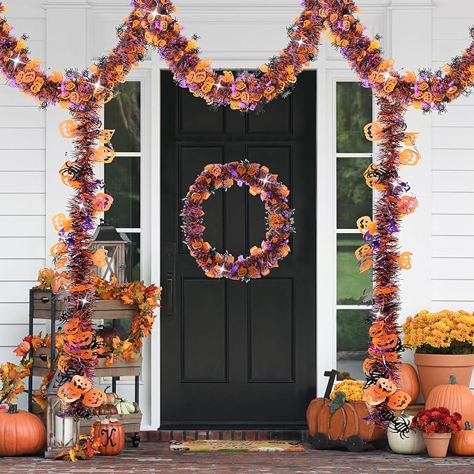 33 FT Halloween Tinsel Garland Decorations,Orange Purple Black Halloween Garland with Pumpkins, Bat, Spider Shiny Metallic Garlands for Indoor Outdoor Decorations