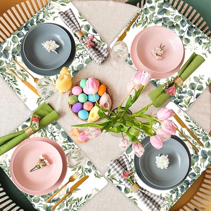 Eucalyptus Leaves Placemat Set of 6 Seasonal Summer Plastic Table Mats Spring Green Leaves Themed Place Mats Rustic Vintage Table Decoration for Indoor Outdoor Party Kitchen Dining