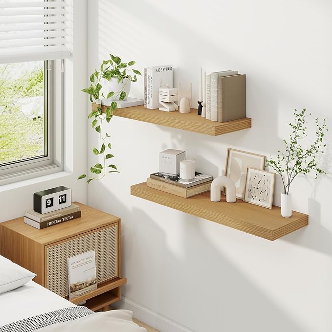 Fun Memories Floating Shelves for Wall, 32 Inch Rustic Wood Wall Mounted Shelves for Bathroom, Bedroom, Kitchen, Living Room, Deep Floating Shelves for Storage & Home Decor (Oak, Set of 2)