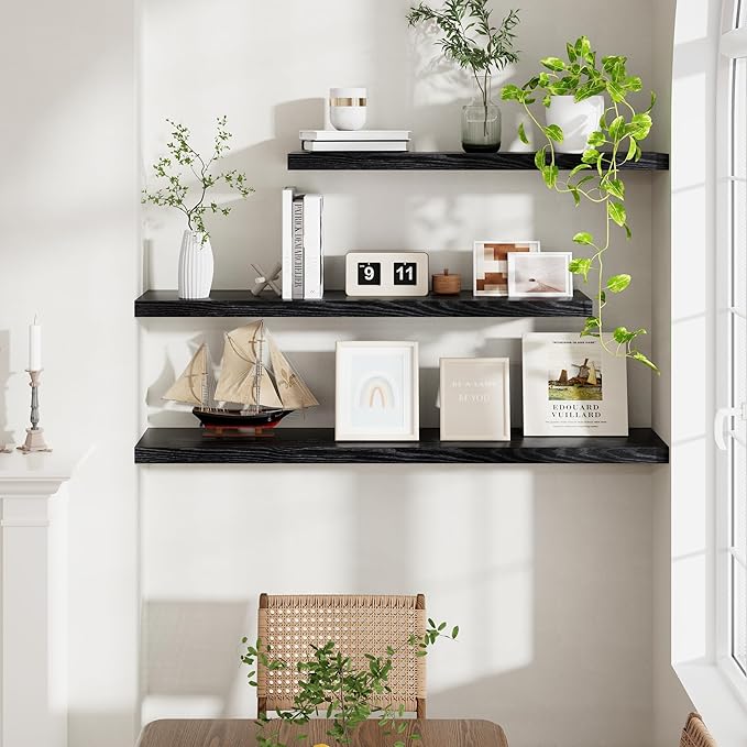 Fun Memories Floating Shelves 48 Inch Set of 2, Black 48 x 9 Wall Shelves for Home Decor Storage, Rustic Wood Floating Shelf for Wall, 9 Inch Deep Shelving for Bathroom, Living Room, Kitchen