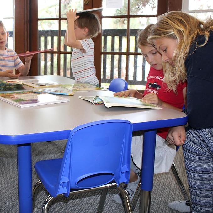 FDP Rectangle Activity School and Classroom Kids Table (30 x 60 inch), Toddler Legs, Adjustable Height 15-24 inches - Gray Top and Blue Edge