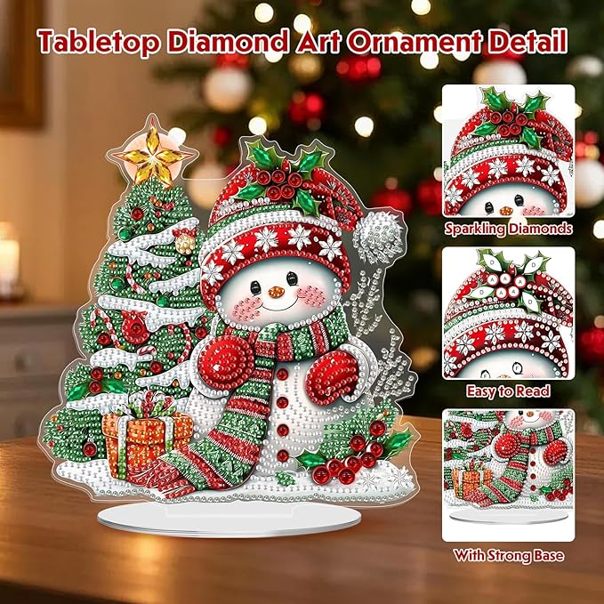 MEIYUDA Christmas Diamond Art Tabletop Kits, Christmas Tree and Snowman Diamond Art Painting Desktop Ornaments for Adult, DIY Special Shaped Crystal Desk Placement Ornament for Home Decor