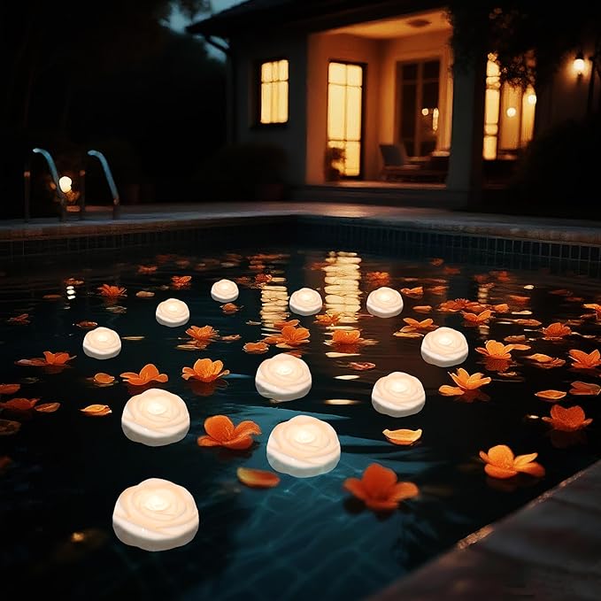 Aignis 24pcs Flameless LED Floating Candles, White Rose Plastic Tealight Battery Operated, 120+ Hours Glow Time, Cozy Light for Romantic Pool/Bathtub/Hot Bath/Wedding Centerpiece Decor(D2.83*H1.42)