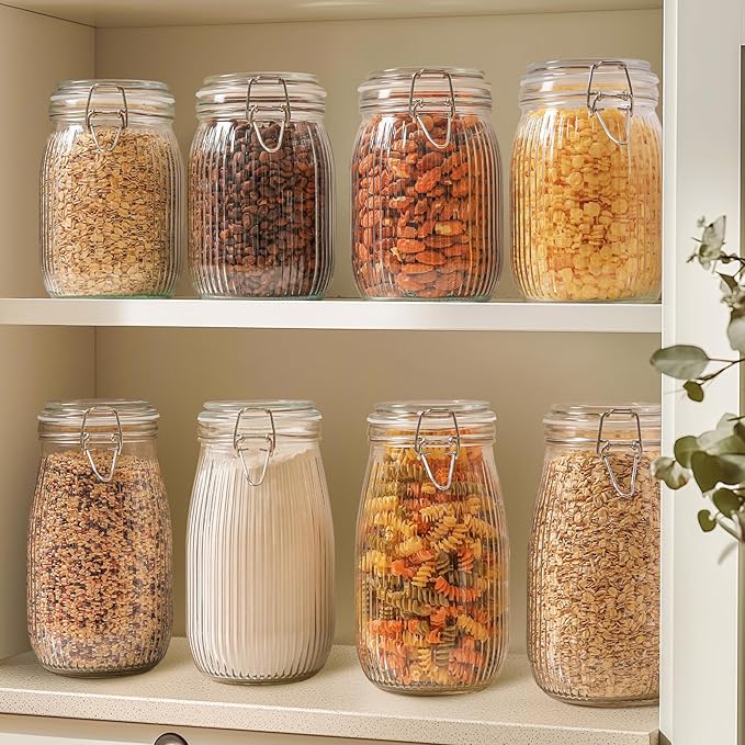 ComSaf Airtight Glass jar with lid 51oz Set of 3, Glass Storage Containers with Lids, Large Glass Canister, Striped Clip Fastening Jar for for Canning, Flour, Pasta,Coffee Beans, Cereal, Rice, Pickle