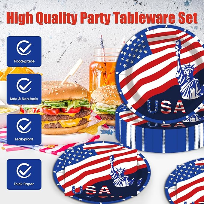 40 pcs Patriotic 4th of July Decorations Party Dessert Plates and Napkins Sets 9" Paper Plates 20 pcs and 6.5" Napkins 20 pcs Red White and Blue Party Supplies Tableware