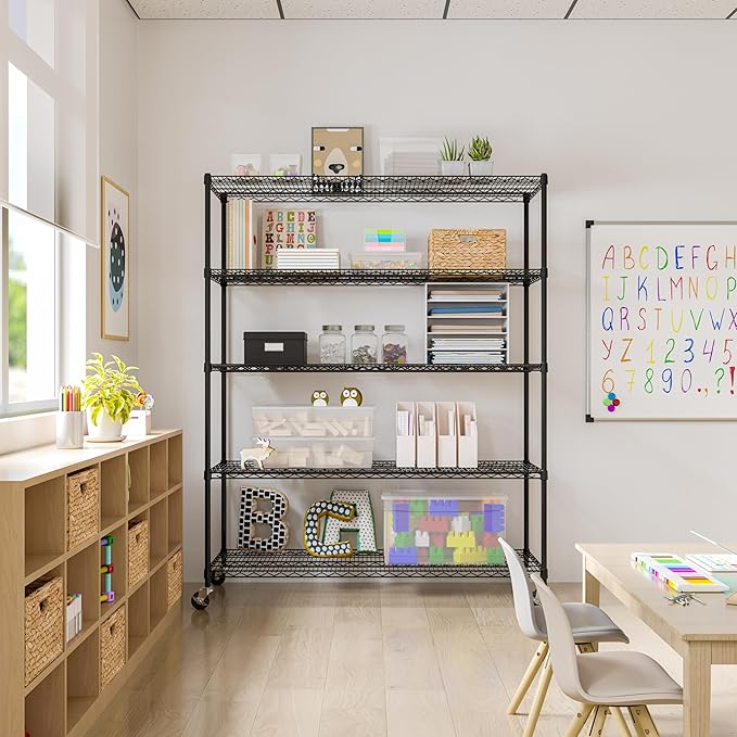 Seville Classics UltraDurable Heavy Duty NSF Solid Steel Wire Rack Storage Unit, Organizer for Garage, Warehouse, Office, Restaurant, Classroom, Kitchen, Black, 5-Tier Shelving, 60" W x 24" D