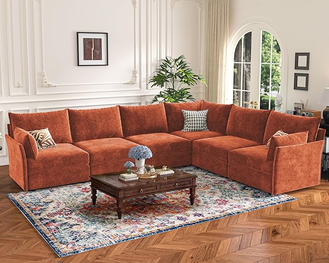 135.5" Oversized Modular Sectional Sofa, L Shaped Convertible Couch with Movable Ottoman, Large 6 Seat Corner Couches for Living Room Deep Seat Terracotta Orange Chenille
