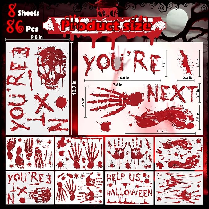 PartyGarden Halloween Decorations - 8 Sheet 86 Pcs Halloween Bloody Handprint Footprint Window Clings Wall Decal Floor Stickers for Inside Outside Home Door Scary Party Dรฉcor