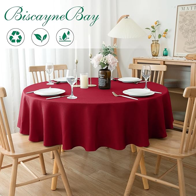 Biscaynebay Round Christmas Tablecloths 60" for Round Tables diameters from 28" to 48", Red Textured Fabric Water Resistant Folding Table Covers Washable for Dining, Kitchen, Wedding, Parties