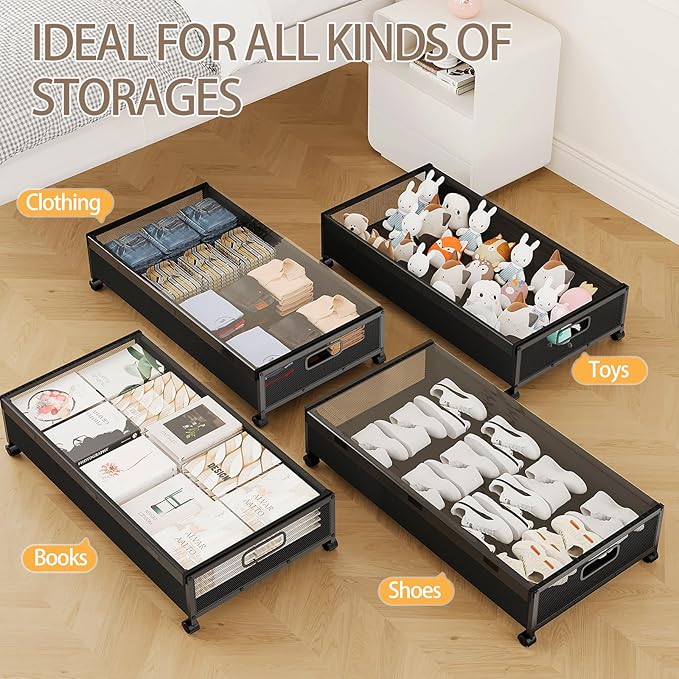 Under Bed Storage Containers with Wheels, Underbed Shoe Storage Organizer with Removable Lids, Large Rolling Under Bed Storage Dresser Drawers for Clothes Toys Shoes Blankets