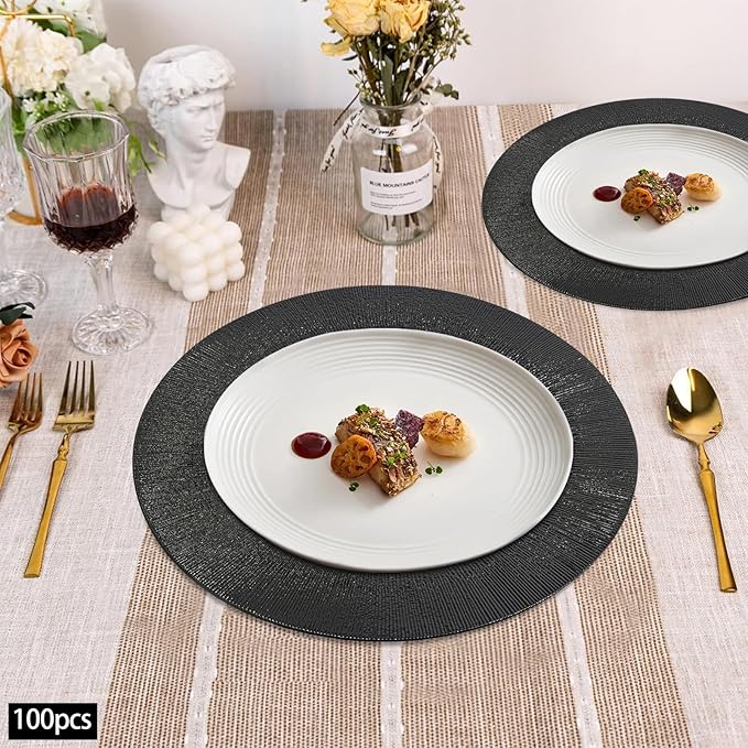Antique Charger Plates Set 13'' Round Embossed Dinner Plate Chargers Plastic Elegant Floral Plates for Dinner Wedding Party Event Table Kitchen Decoration 100PCS (Black 100Pcs)
