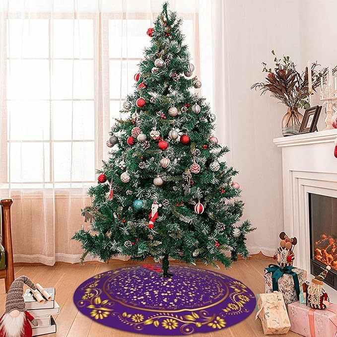 48" Large Christmas Tree Skirt, Elegant Modern Purple Gold Pattern Tree Mat Base Cover for Xmas Festive Holiday Party Decoration Ornaments