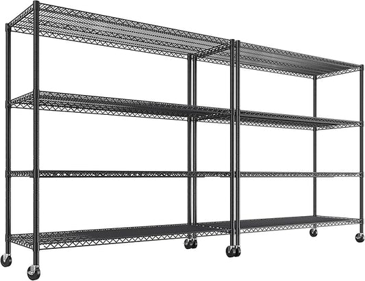 REIBII 55.5''W Storage Shelves 2500LBS Wire Shelving Rack with Wheels 75.6" H Heavy Duty Shelving Unit Adjustable Metal Shelves for Storage Rack Shelving for Kitchen Pantry 2PCS