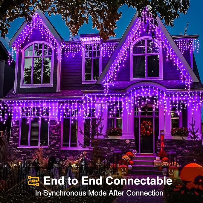66ft Purple Halloween Lights Outdoor Indoor, 640 LED Icicle Lights for Outside Twinkle Christmas Lights with 120 Drops Clear Wire Timer 8 Modes for House Party Tree Yard Patio Eaves Holiday Decoration